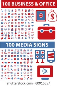 200 business & office & media icons, signs, vector illustration