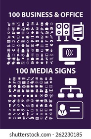 200 business, office, media, music icons, signs, illustrations concept design set on background, vector