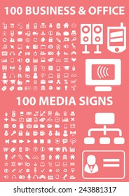 200 business, office, media white icons, signs, symbols, illustrations set on background, vector