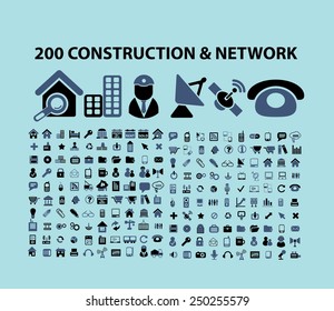 200 construction, communication, network, business icons, illustrations, signs set, vector