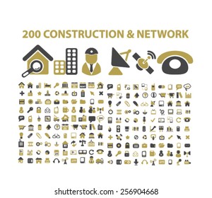 200 construcción, red, comunicaciones aisladas iconos, signos, ilustraciones concepto establecido en el fondo. vector