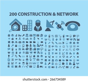 200 construção, rede, conexão, comunicação, ícones de tecnologia, sinais, ilustrações conjunto de conceito de design. vetor