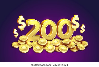 200 dollar coupon gift voucher, cash back banner special offer, casino winner. Vector illustration