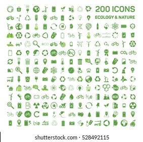 200 ícones verdes ecologia e natureza definidos no fundo branco. Ilustração vetorial de Eco, natural, bio