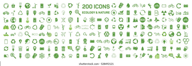 200 ecology & nature green icons set on white background. Vector illustration of Eco, natural, bio 