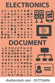 200 electronics, media, document, office isolated icons, signs, illustrations concept design set on background for website, internet, template, application, advertising.