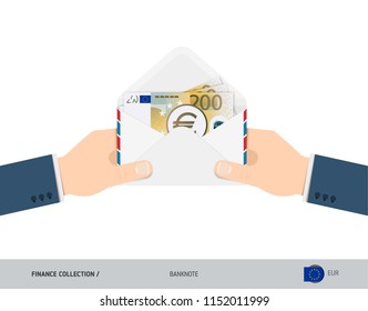 200 Euro Banknotes in envelope hold in hand. Flat style opened white envelope with cash. Salary payout or corruption concept.