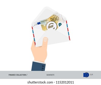 200 Euro Banknotes in envelope hold in hand. Flat style opened white envelope with cash. Salary payout or corruption concept.