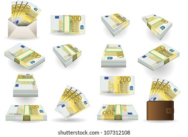 200 Euro Finance Banknotes full set of Tow Hundred euro banknotes. Isometric Money Portfolio Collection Market Business Vector 3d Set
