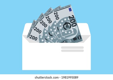 200 Euro Money in Envelope Vector Illustration. EU European Union, Eurozone and Monetary Agreement Salary, Royalty, Revenue, Payment and Finance Element. 