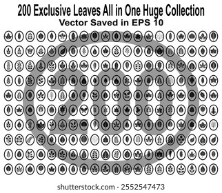 200 Exclusive leaves silhouette icon all in one huge collection. Set of various tree leaves oak, maple, and chestnut. Design for natural, eco, bio, and vegan. Flat vector illustration saved in EPS 10.