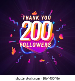 200 followers celebration in social media vector web banner on dark background. Two hundred follows 3d Isolated design elements
