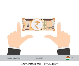200 Indian Rupee Banknote. Business hands measuring banknote. Flat style vector illustration. Business finance concept.
