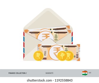 200 Indian Rupee Banknote. Flat style opened envelope with cash. Indian Rupee banknotes and coins. Salary payout or corruption concept.