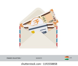 200 Indian Rupee Banknote. Flat style opened envelope with cash. Indian Rupee banknotes and credit card. Salary payout or bank transaction concept.
