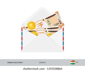 200 Indian Rupee Banknote. Flat style opened envelope with cash. Indian Rupee banknotes and coins. Salary payout or corruption concept.