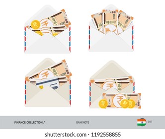 200 Indian Rupee Banknote. Set of flat style opened envelopes with cash. Isolated white paper envelope with moneys. Finance concept.
