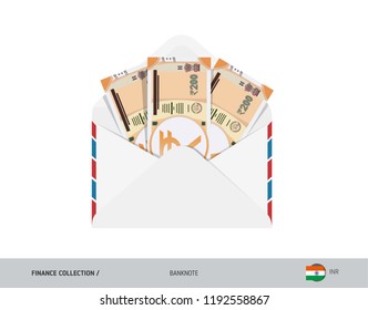 200 Indian Rupee Banknotes in envelope. Flat style opened white envelope with cash. Salary payout or corruption concept.