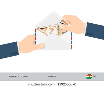 200 Indian Rupee Banknotes in envelope hold in hand. Flat style opened white envelope with cash. Salary payout or corruption concept.