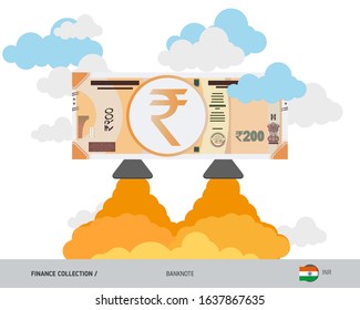 200 Indian Rupee rising as a rocket. Flat style vector illustration.