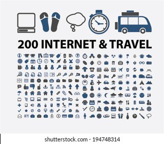 200 internet, travel, website, vacation icons set, vector