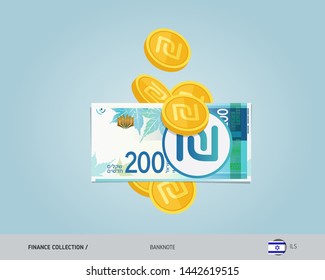 200 Israeli New Shekel banknote with flying coins. Flat style vector illustration. Finance concept.