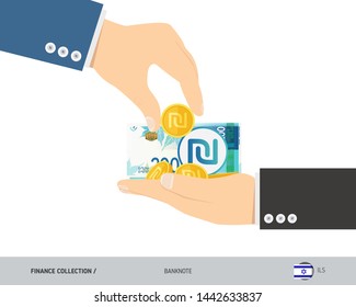 200 Israeli New Shekel banknote and coins in the palm of hands. Flat style vector illustration. Finance concept. 