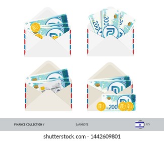 200 Israeli New Shekel Banknotes. Set of flat style opened envelopes with cash. Isolated white paper envelope with moneys. Finance concept.