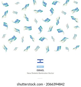 200 Israeli New Shekels Raining Falling, Israel New Shekels Vector Illustration, Israeli New Shekels money rain set bundle banknotes