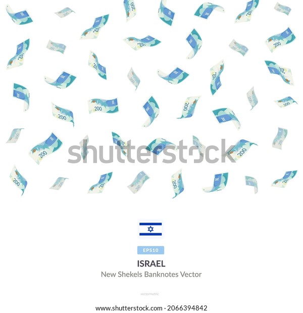 200 Israeli New Shekels Raining Falling, Israel\
New Shekels Vector Illustration, Israeli New Shekels money rain set\
bundle banknotes