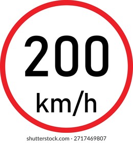 Señal de tráfico de límite de velocidad de 200 km h con círculo rojo sobre fondo blanco: símbolo de regulación de carreteras de alta velocidad, señalización de restricción de velocidad máxima, aviso de seguridad de conducción y reglas de Transporte, ícono de control de velocidad de carretera para la gestión del tráfico y conciencia de seguridad vial.