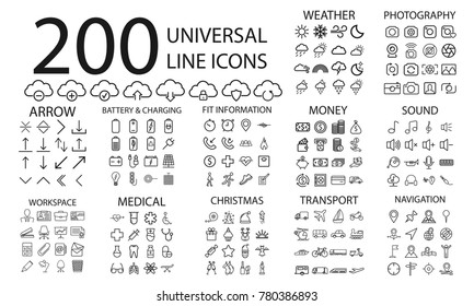 200  line icons set of weather, cloud, photography, arrow, battery and charging, fitness info, money, sound, workspace, medical, christmas, transport and navigation