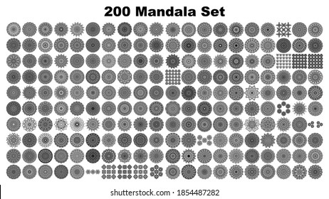 200 Mandala tattoo ornamental ethnic pack collection set. Floral art design vector.