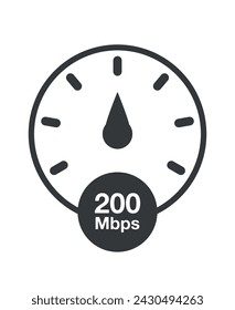 200 Mbps. Internet speed vector, download speed meter clock