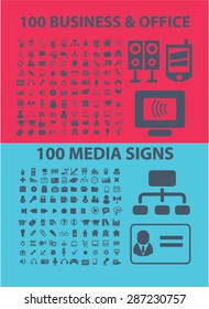 200 media, computer, office icons, signs, illustrations set, vector