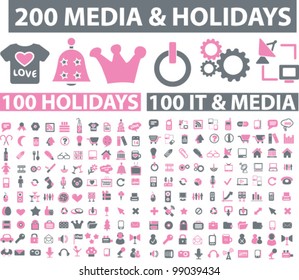 200 media & holidays icons set, vector