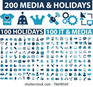 200 media & holidays icons, signs, vector