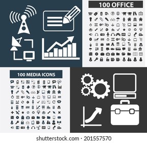 200 media, office, connection, technology, internet icons, signs set, vector
