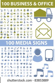 200 media & office icons, signs, vector illustrations set