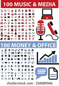 200 music & media & money & office icons set, vector