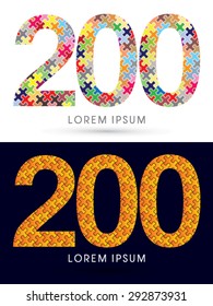 200 Number, Font, designed using Jigsaw puzzle pattern, graphic vector.