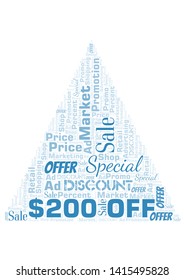 $200 Off word cloud. Wordcloud made with text only.