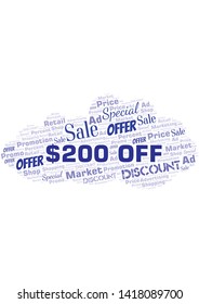 $200 Off word cloud. Wordcloud made with text only.