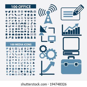 200 office, media, communication, business, analytics, computer, technology icons set, vector