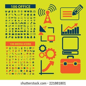 200 office, media, connection icons, signs, illustrations, silhouettes set, vector
