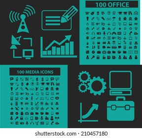 200 office, media icons, signs, symbols, objects, illustrations set. vector