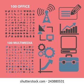 200 office, media, internet icons, signs, symbols, illustrations set on background, vector