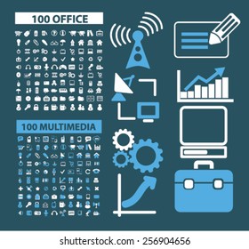 200 office, media, music, internet, communication, network, business isolated icons, signs, illustrations concept set on background. vector