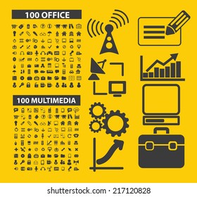 200 office, multimedia icons, signs, illustrations, silhouettes set, vector
