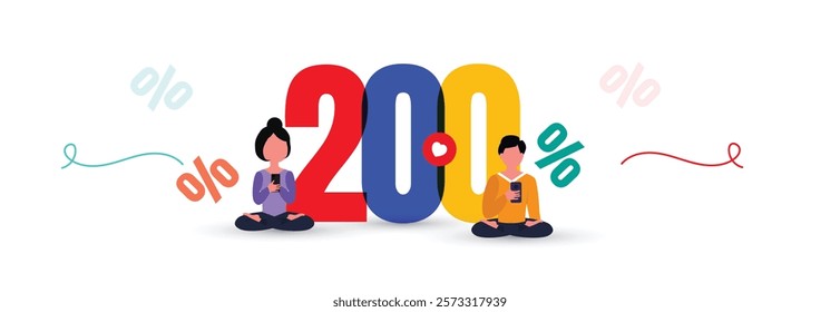 200%. One hundred percent genuine. 3D multi colour number, digits 200%. Warranty concept for sale banner with a girl and boy. Vector illustration.